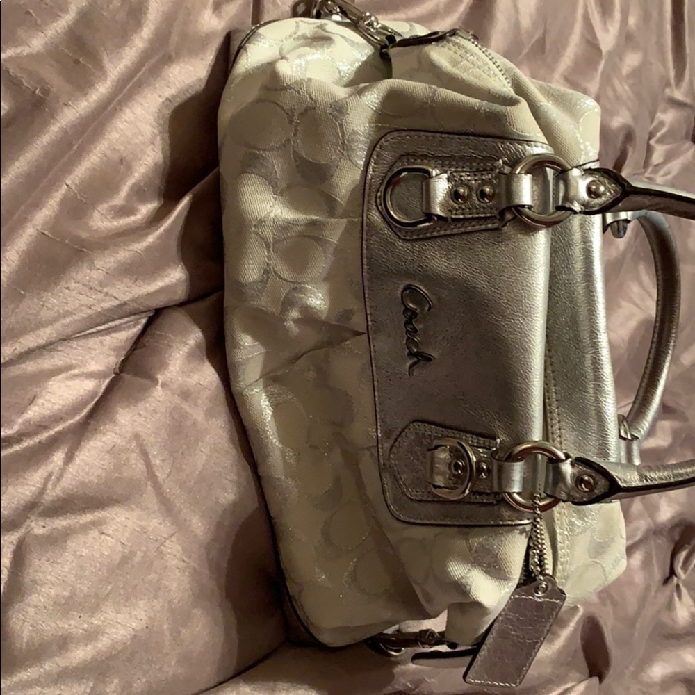 Gray and white coach bag with matching wallet